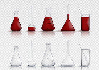 Chemical laboratory glassware isolated on transparent background. Vector realistic illustration of empty flasks, graduated containers with red liquid substance for scientific experiment, blood test