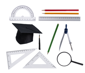 Set of school office supplies isolated on transparent background. Variety of stationery for design of education or business concept.