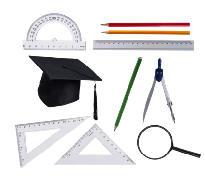 Set of school office supplies isolated on transparent background. Variety of stationery for design of education or business concept.