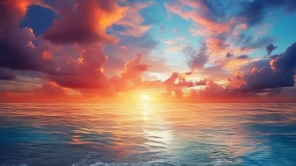 Stickers pour porte Aube Vibrant sunrise seascape: abstract coastal wallpaper with blue sky and sea