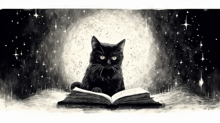 The Starry Night, black cat reading a book, sketch, grainy storybook illustration, simple, neutral, white background