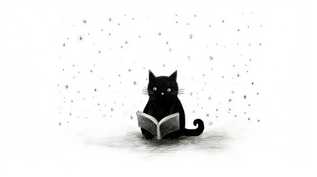 The Starry Night, black cat reading a book, sketch, grainy storybook illustration, simple, neutral, white background