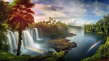 Serene tropical landscape: palm trees, majestic waterfall, and rainbow mist at tranquil lake