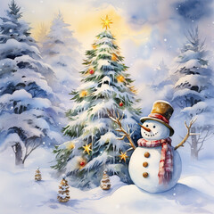 Obraz premium Snowman next to the Christmas tree, watercolor style.