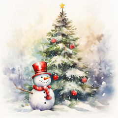Obraz premium Snowman next to the Christmas tree, watercolor style.