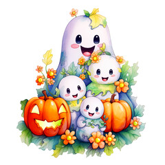 Naklejka premium Happy halloween kawaii ghosts family watercolor clipart isolated on Transparent Background. Chibi ghosts with pumpkins and flowers clipart.