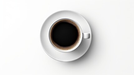 Rich black espresso coffee with crema in isolated white cup and saucer - top view beverage design