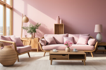 an empty room with pale pink walls and furniture 
