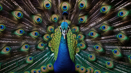 Obraz premium A Peacock with fanned tail. Generative Ai