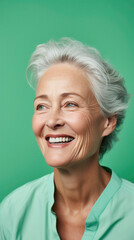Ai Generated. Portrait of mature woman on green background. Copy space