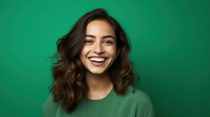 Fototapeta premium Ai Generated. Portrait of smiling woman on green background. Copyspace