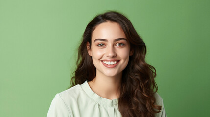 Fototapeta premium Ai Generated. Portrait of smiling woman on green background. Copyspace