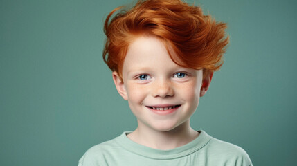 Ai Generated. Portrait of smiling red hair boy on green background