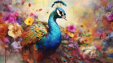Fototapeta premium A peacock, Watercolor painting of peacock on flower background. Generative Ai