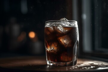 glass of cola with ice made by midjourney - obrazy, fototapety, plakaty