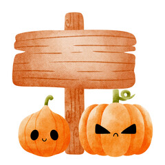 Kawaii Halloween Wooden sign and pumpkins cartoon character watercolor painting
