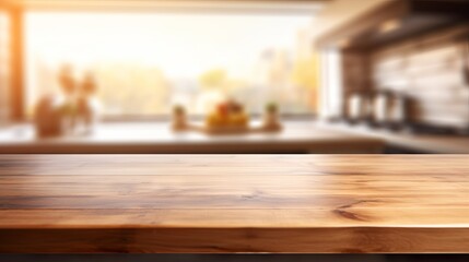 Rustic wood table top on softly blurred kitchen background - cozy home decor