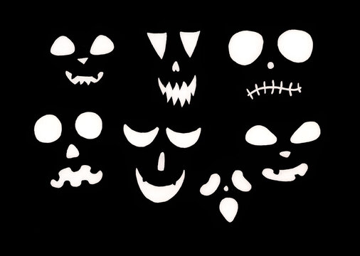 Set of different scary and funny facial expressions in white color on black background. Halloween. All faces consist of silhouettes of eyes, nose and mouth. Geometric shapes.