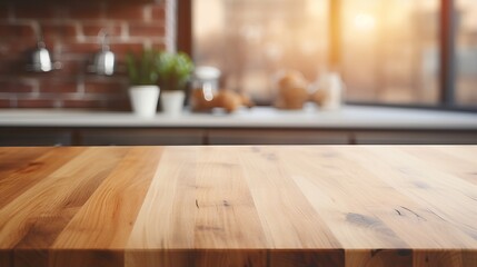 Rustic wood table top on blurred kitchen background - cozy home decor