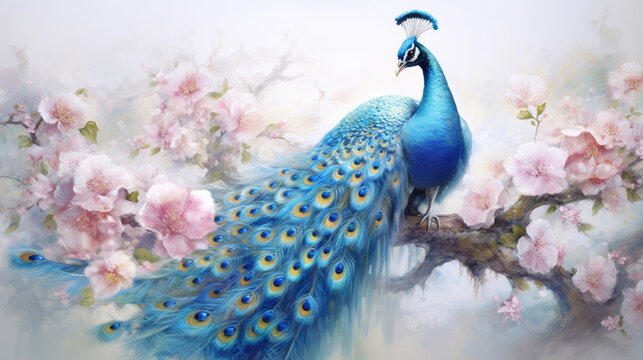 A peacock, Watercolor peacock with flowers. Generative Ai © tong2530