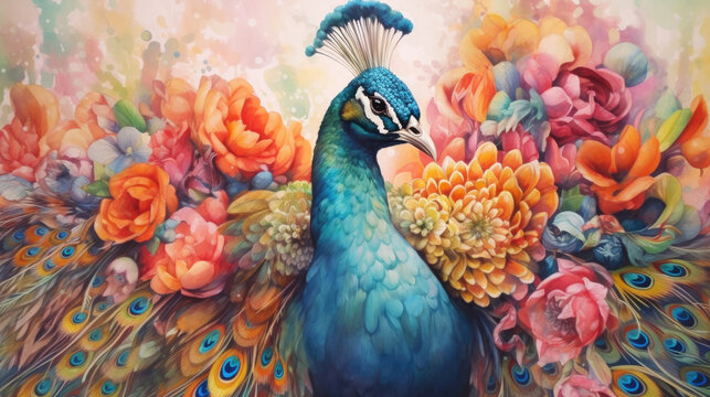 A peacock, Watercolor peacock with flowers. Generative Ai
