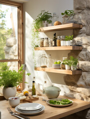 Fototapeta na wymiar Scandinavian rustic style kitchen open shelving 