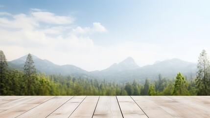 Wooden terrace with blurred Christmas background - white table top and mountain view for product display