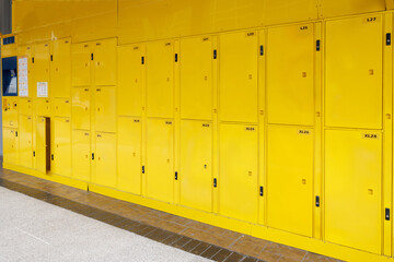 smart locker. electronic steel parcel locker, automatic mailboxes. perspective angle.