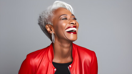 Radiant black woman in 50s, smiling with white teeth wearing red jacket