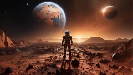 Fototapeta premium A lone observer on Mars gazes upon the cataclysmic end of Earth.