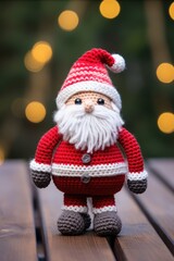 Obraz premium Christmas toy knitted Santa Claus. Handmade knitted toy created with Generative AI technology.
