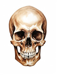 Human skull isolated on s white background in watercolor style. Spooky and macabre art, halloween concept. 