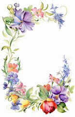 Frame from violet and pink watercolor flowers on a white background