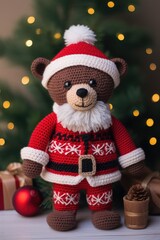 Christmas knitted bear toy. Handmade knitted toy created with Generative AI technology.