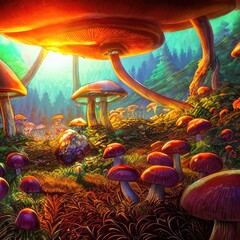 Obraz na płótnie Canvas Magic forest and psilocybin mushrooms. The image was created using an AI