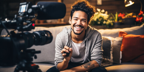 Smiling Transgender Finfluencer Vlogger Live Streaming from Living Room Using DSLR Camera