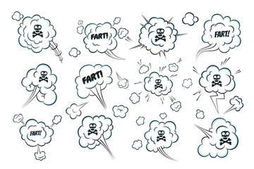 Smelling pop art comic book cartoon fart cloud flat style design vector illustration set with text and skull with crossed bones. Bad stink or toxic aroma cartoon smoke cloud.