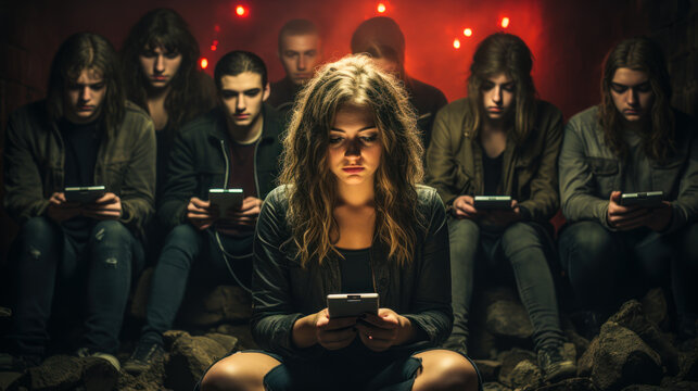 Nomophobia or no mobile phone phobia, smartphone and social media addicted or fear of missing out concept, young people with mobile phones with chat and social media applications