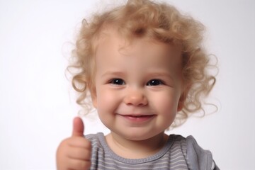Naklejka premium Portrait of a little boy 2-4 years old showing thumb up on a white background. generative ai