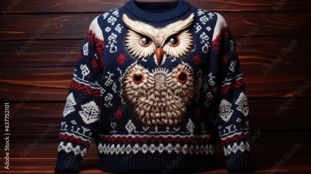 Wall mural Christmas knitted sweater with an owl created with Generative AI technology. - Wall murals