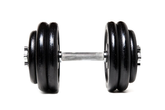 Gym dumbbell isolated over white background side view.