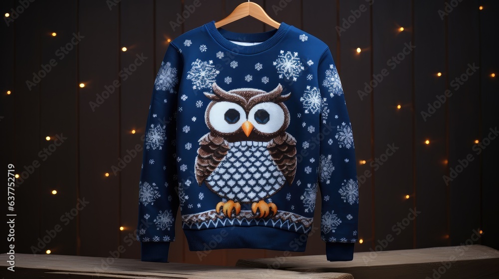 Canvas Prints Christmas knitted sweater with an owl created with Generative AI technology.