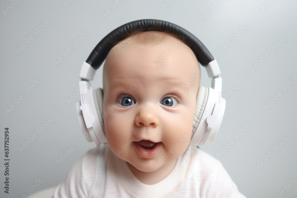 Wall mural cheerful surprised baby 6 months old wearing headphones to listen to music, music with a positive ef