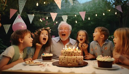 A grandfather with his 5 grandchildren sitting in a garden celebrating happy birthday - obrazy, fototapety, plakaty