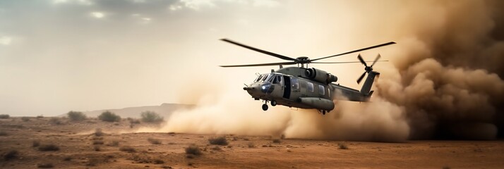 Generic military chopper crosses fire and smoke in the desert