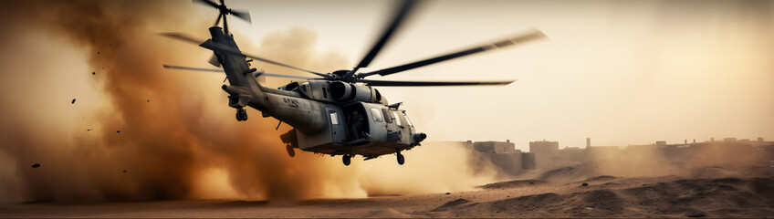 Generic military chopper crosses fire and smoke in the desert - obrazy, fototapety, plakaty
