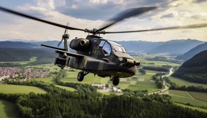 German attack helicopter flies over German landscape