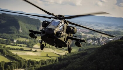 German attack helicopter flies over German landscape