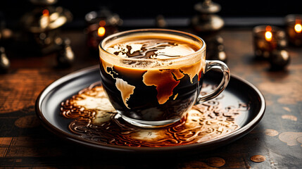 a cup of coffee with a map of the world. International coffee day