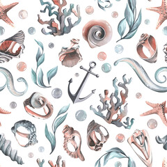 Various broken seashells and starfish on a white background. Watercolor illustration. Seamless pattern from the collection of WHALES. For fabric textiles, wallpaper, packaging, beach and summer prints